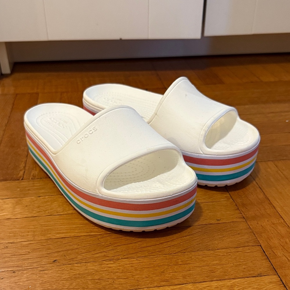 CROCS Women's White Platform Slides with Rainbow Sole